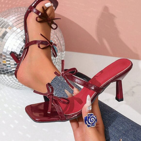 Burgundy Bowknot Open Toe High Heel Women's Sandals - Picture 2 of 7